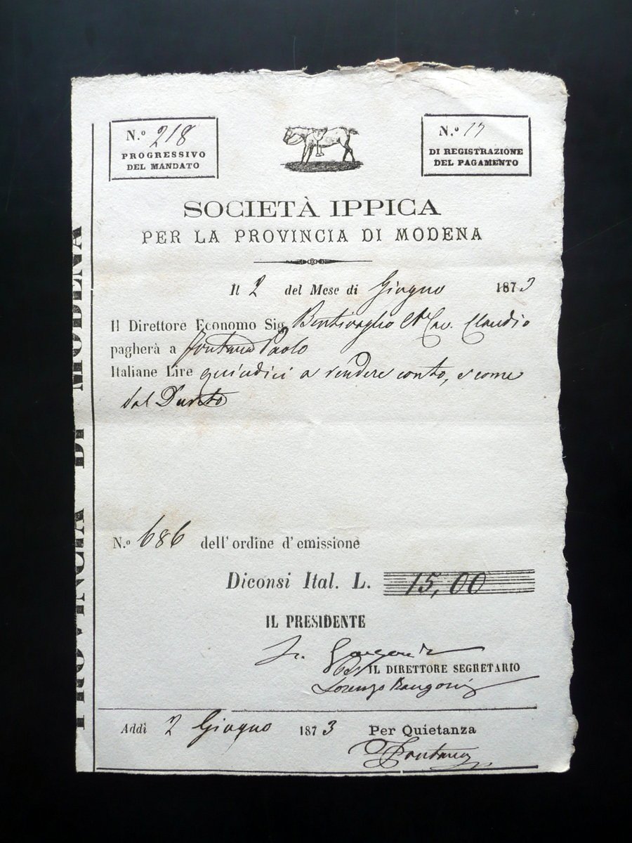 Societ‡ Ippica per la Provincia di Modena Ricevuta Lire 15 … | Immagine principale