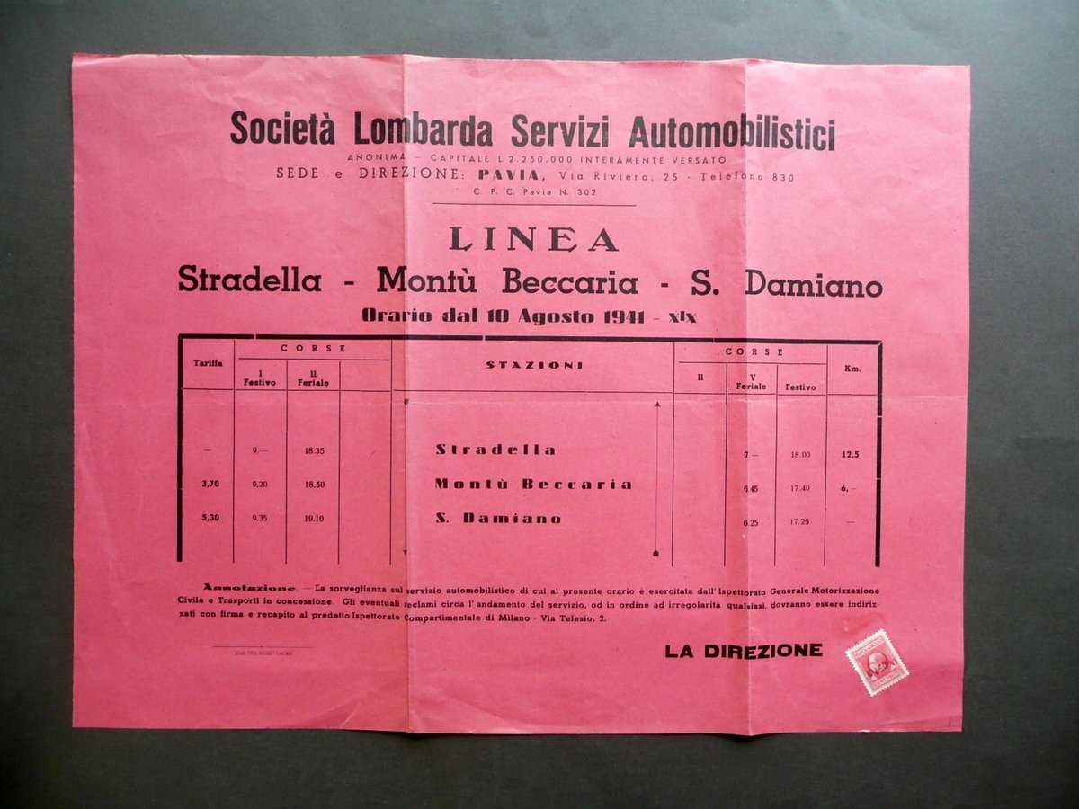 Societ‡ Lombarda Servizi Automobilistici Pavia Manifesto 1941 Mont˘ Beccaria