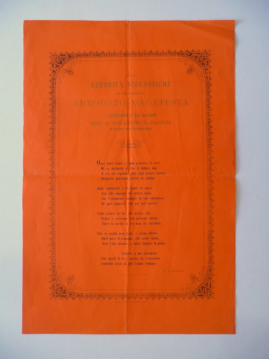 Sonetto Adeodato Malatesta Collegio San Carlo Modena Dedica 1873 Reggiani
