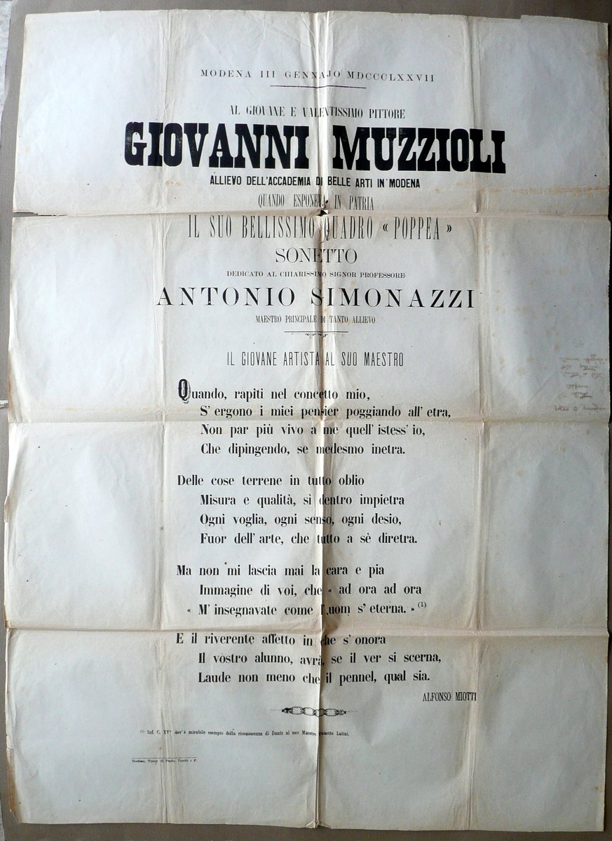 Sonetto Manifesto Giovanni Muzzioli Esposizione Quadro Poppea Simonazzi 1877 | Immagine principale