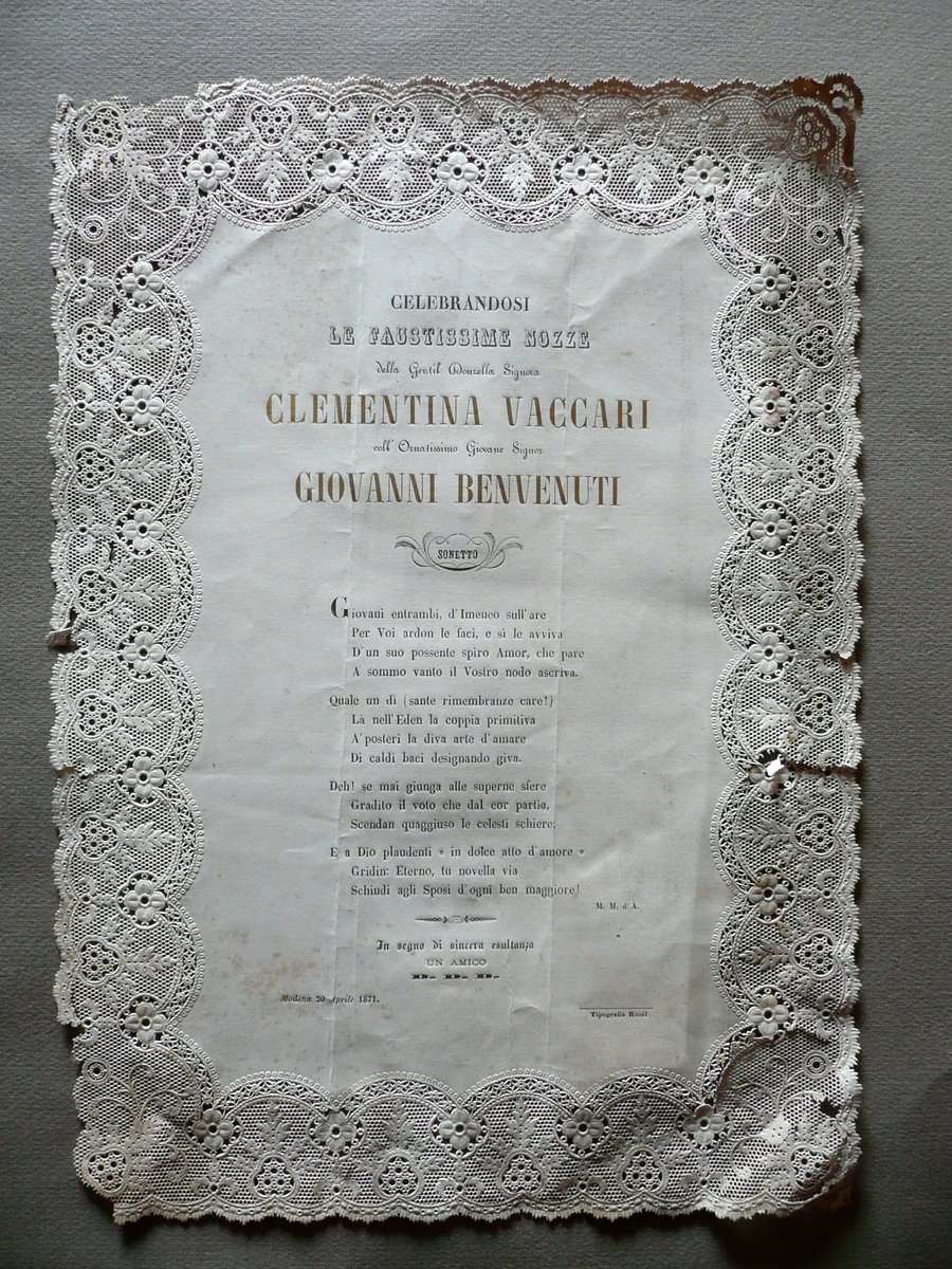 Sonetto Nozze Clementina Vaccari Giovanni Benvenuti Modena 1871 Traforato