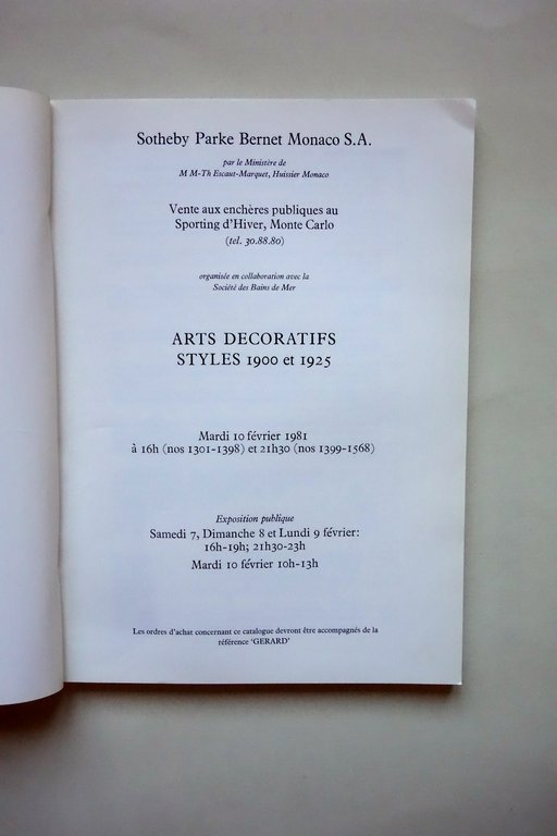 Sotheby Catalogo d'Asta Arts Decoratifs Styles 1900-1925 Monte Carlo 1981 | Immagine Gallery 3