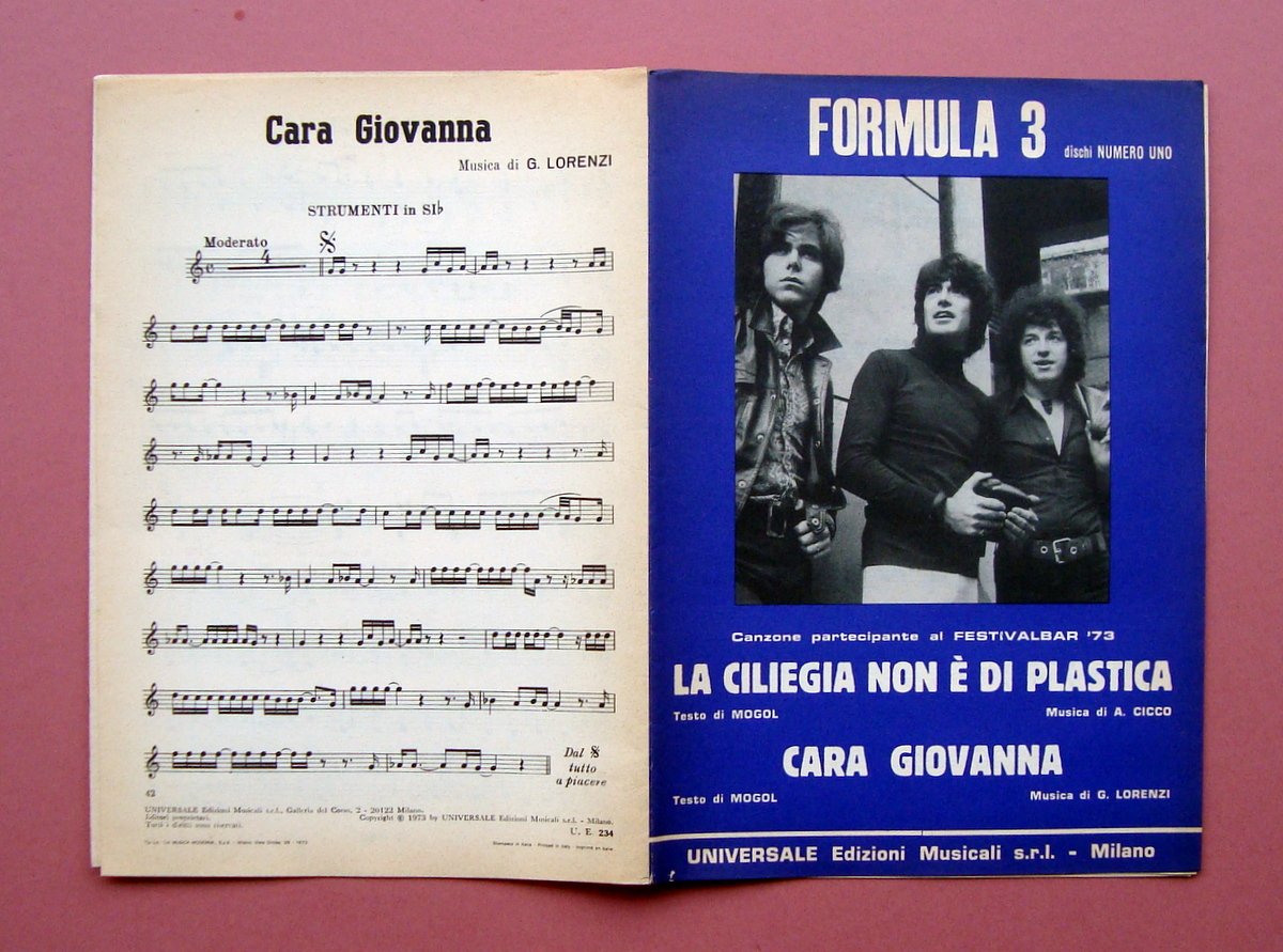 Spartiti Formula 3 due brani testi Mogol 1973 Universale Ed …