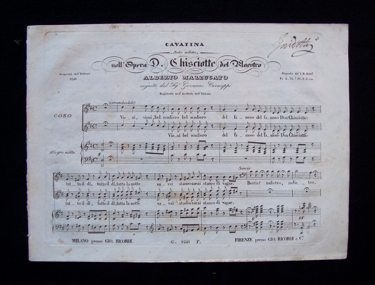 Spartito Don Chisciotte Alberto Mazzucato Cavaceppi 1860 ca Ricordi