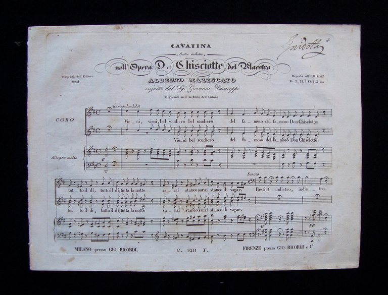 Spartito Don Chisciotte Alberto Mazzucato Cavaceppi 1860 ca Ricordi