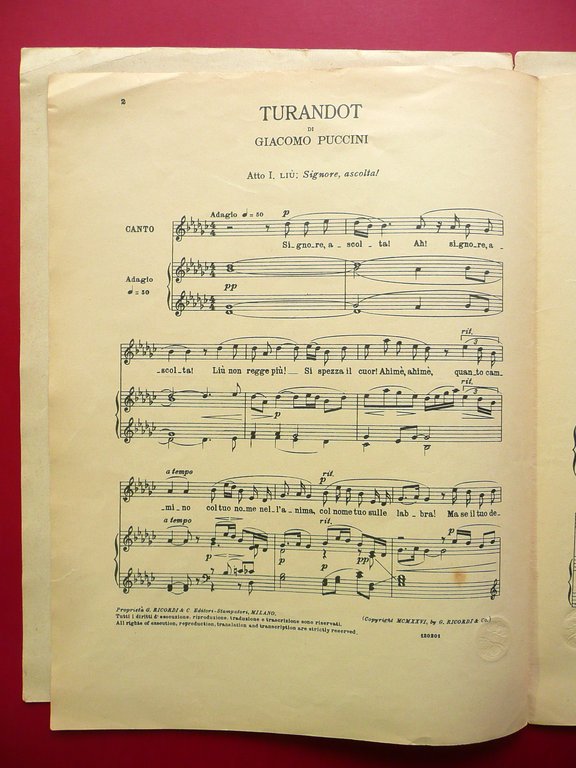 Spartito Giacomo Puccini Turandot Atto 1 Signore Ascolta! Copertina Brunelleschi