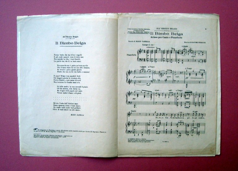 Spartito Il Bimbo Belga versi Zanella Musica Perecini Maestro Pigatti …