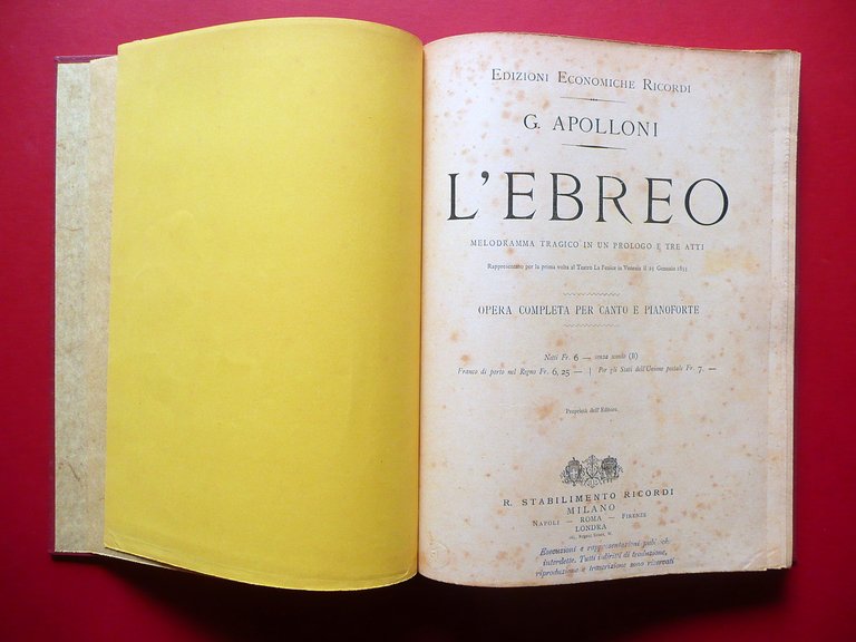 Spartito L'Ebreo Giuseppe Apolloni Canto e Pianoforte Ricordi 1885