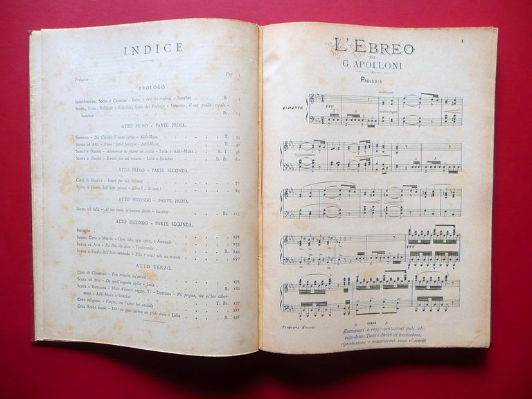 Spartito L'Ebreo Giuseppe Apolloni Canto e Pianoforte Ricordi 1885