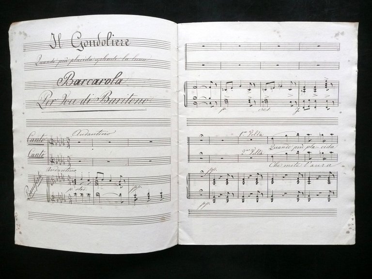 Spartito Manoscritto Il Gondoliere Barcarola G. Bisaccia Voce Baritono Autografo