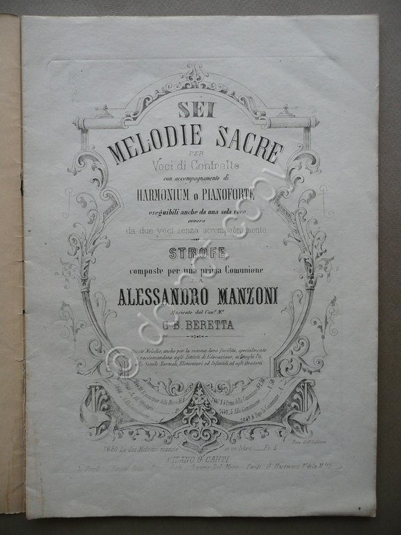 Spartito Manzoni Sei Melodie Sacre per Voci di Contralto Musica …