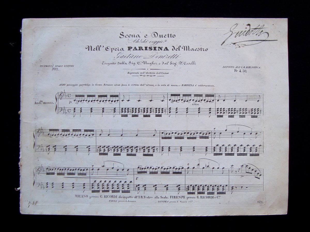 Spartito Parisina Donizetti Ungher Coselli 1850-60 ca Ricordi