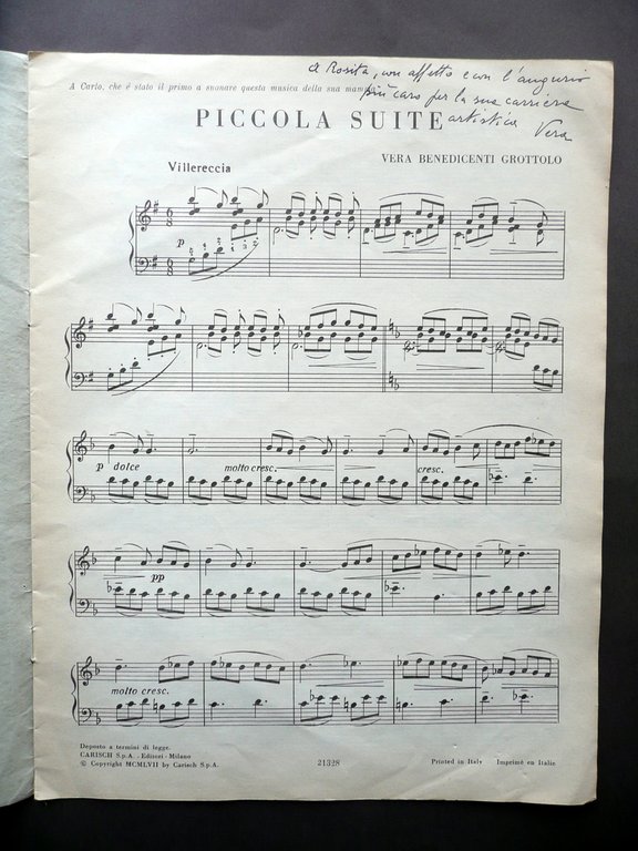 Spartito Piccola Suite Pianoforte Vera Benedicenti Grottolo Carisch 1957 Dedica