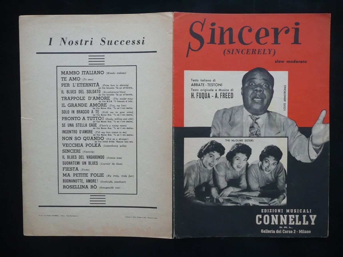 Spartito Sinceri Sincerely Louis Armstrong McGuire Sisters Connelly Milano 1956