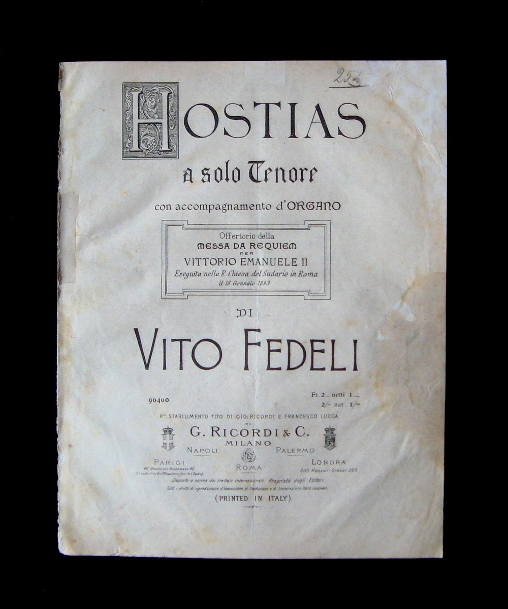 Spartito Vito Fedeli Hostias Messa da Requiem II Vittorio Emanuele …