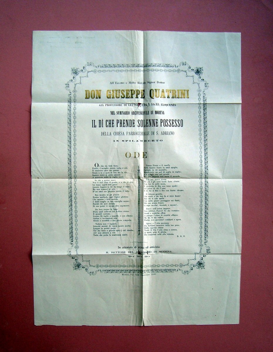 Spilamberto Modena Don Giuseppe Quatrini Parrocchia S. Adriano 1880 Manifesto