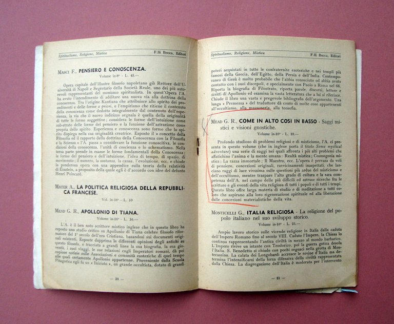 Spiritualismo religione Mistica Catalogo Bocca Milano 1937