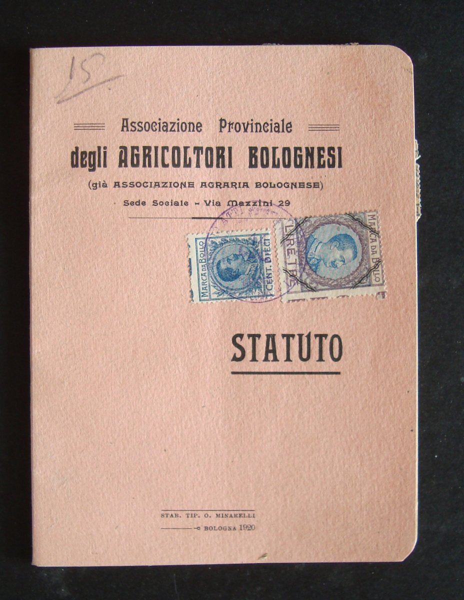STATUTO ASSOCIAZIONE PROV AGRICOLTORI BOLOGNESI TIP MINARELLI BOLOGNA 1920