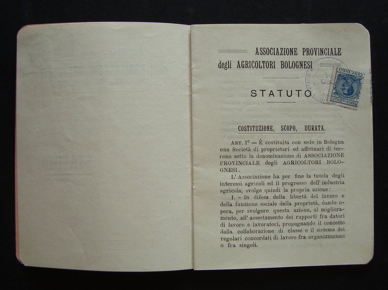 STATUTO ASSOCIAZIONE PROV AGRICOLTORI BOLOGNESI TIP MINARELLI BOLOGNA 1920