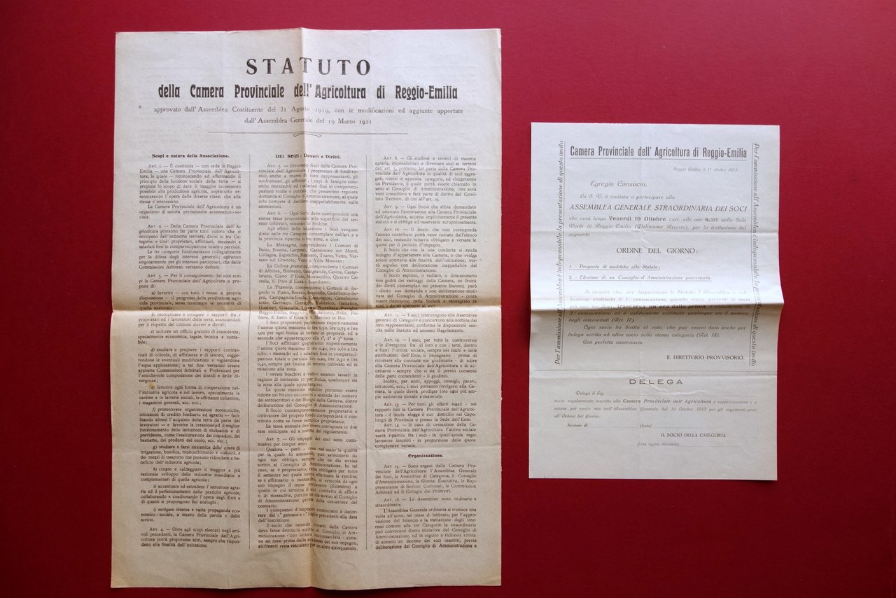 Statuto Camera Provinciale Agricoltura di Reggio Emilia 1921 Foglio Delega …