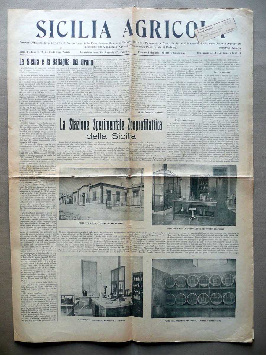 Stazione Sperimentale Zooprofilattica Via Porrazzi Sicilia Agricola 1/1/1931