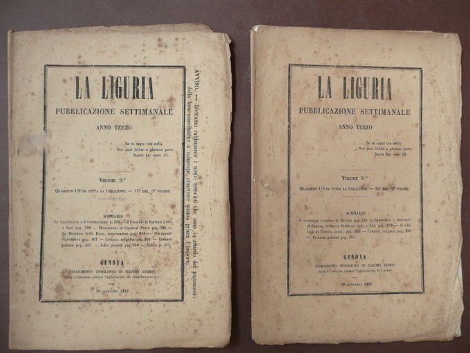 Storia Locale La Liguria Rivista Settimanale 1863 2 Numeri Tip. …