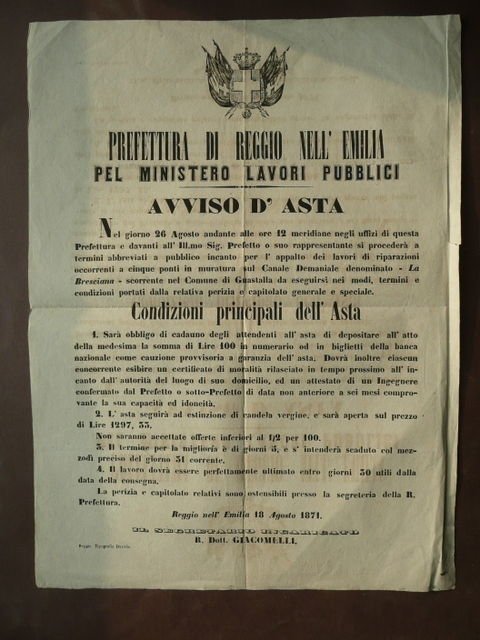 Storia Locale Reggio Emilia Guastalla Canali Demaniali 1871 \La Bresciana" Asta"