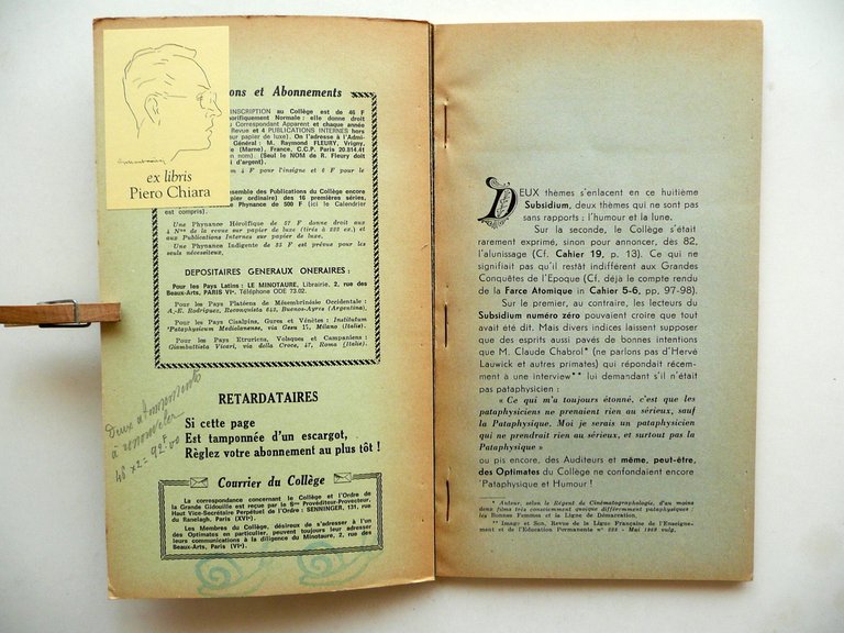 Subsidia Pataphysica N. 8 College Pataphysique Ex Libris Piero Chiara …