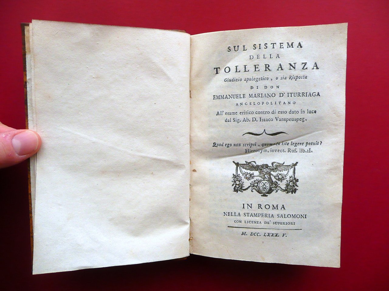 Sul Sistema della Tolleranza Emmanuele Mariano d'Iturriaga Salomoni Roma 1785