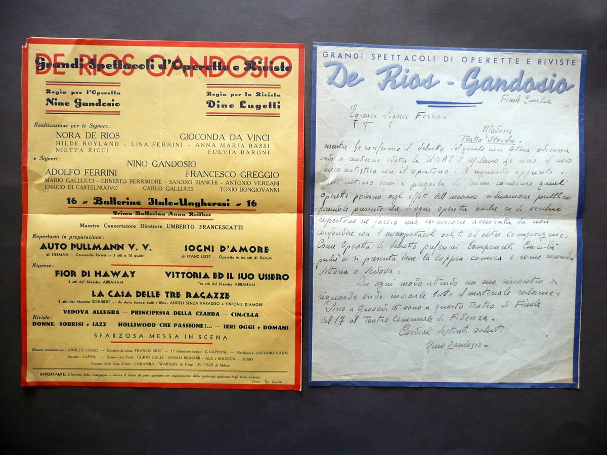Teatro Avanspettacolo De Rios Gandosio Lettera Autografa Programma Anni '20 | Immagine principale