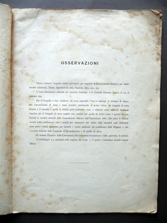 Tecnomasio Italiano Cabella Illuminazione Incandescenza Lampadine Dinamo 1885