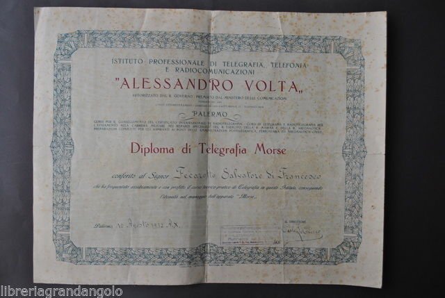 Telegrafo Telegrafisti Diploma Telegrafia Morse Istituto Volta Palermo 1932