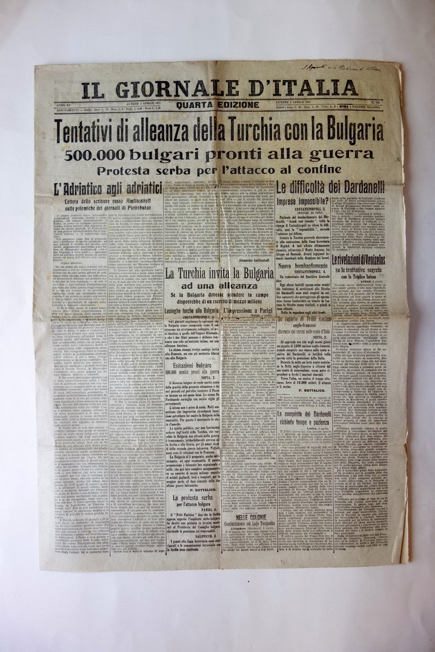 Tentativi di allenza Turchia Bulgaria il Giornale d'Italia 5/4/1915 WW1 …