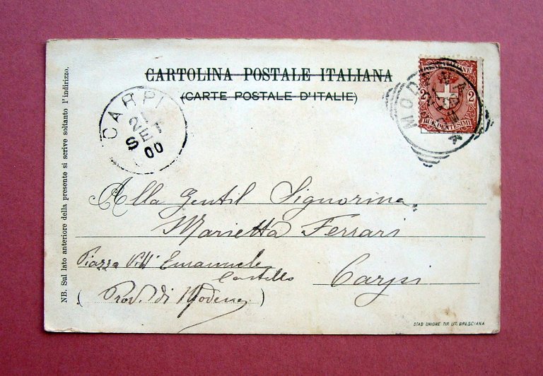 Tesoro Italiano Ottima Cartolina illustrata VG Carpi 1900 monete Umberto …