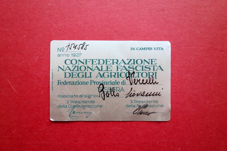 Tessera Alluminio Confederazione Nazionale Fascista Agricoltori 1927 Compilata