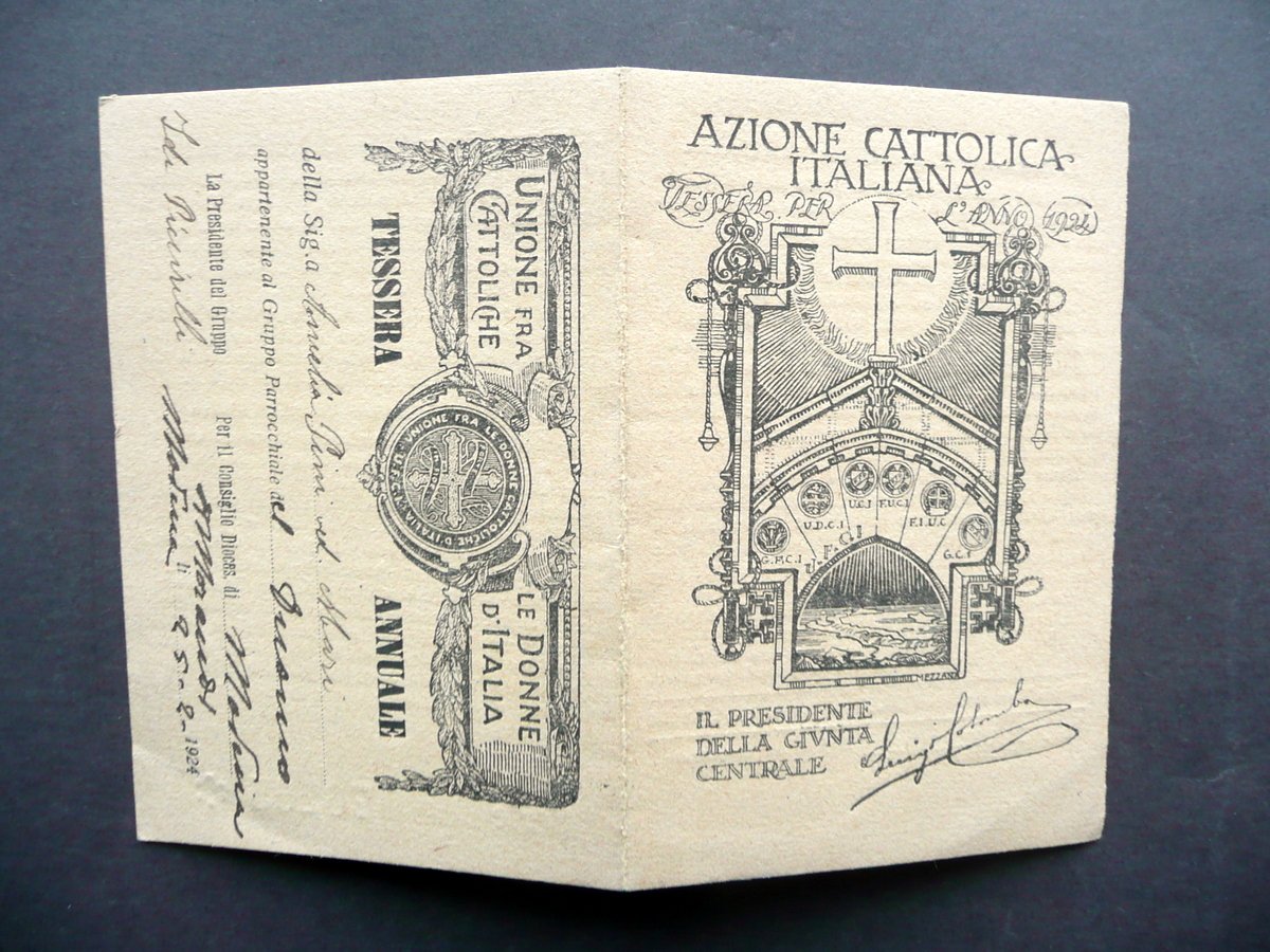 Tessera Azione Cattolica Italiana Anno 1924 Unione Donne Cattoliche Mezzana | Immagine principale
