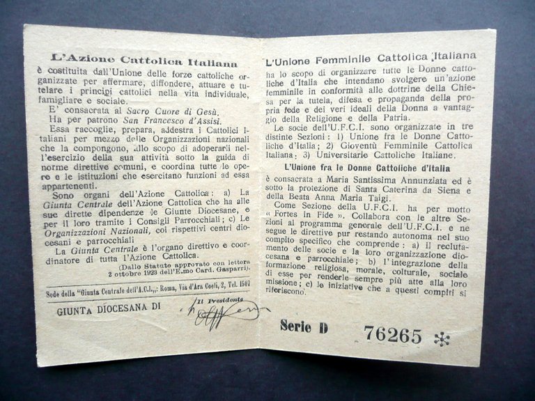Tessera Azione Cattolica Italiana Anno 1924 Unione Donne Cattoliche Mezzana | Immagine Gallery 2