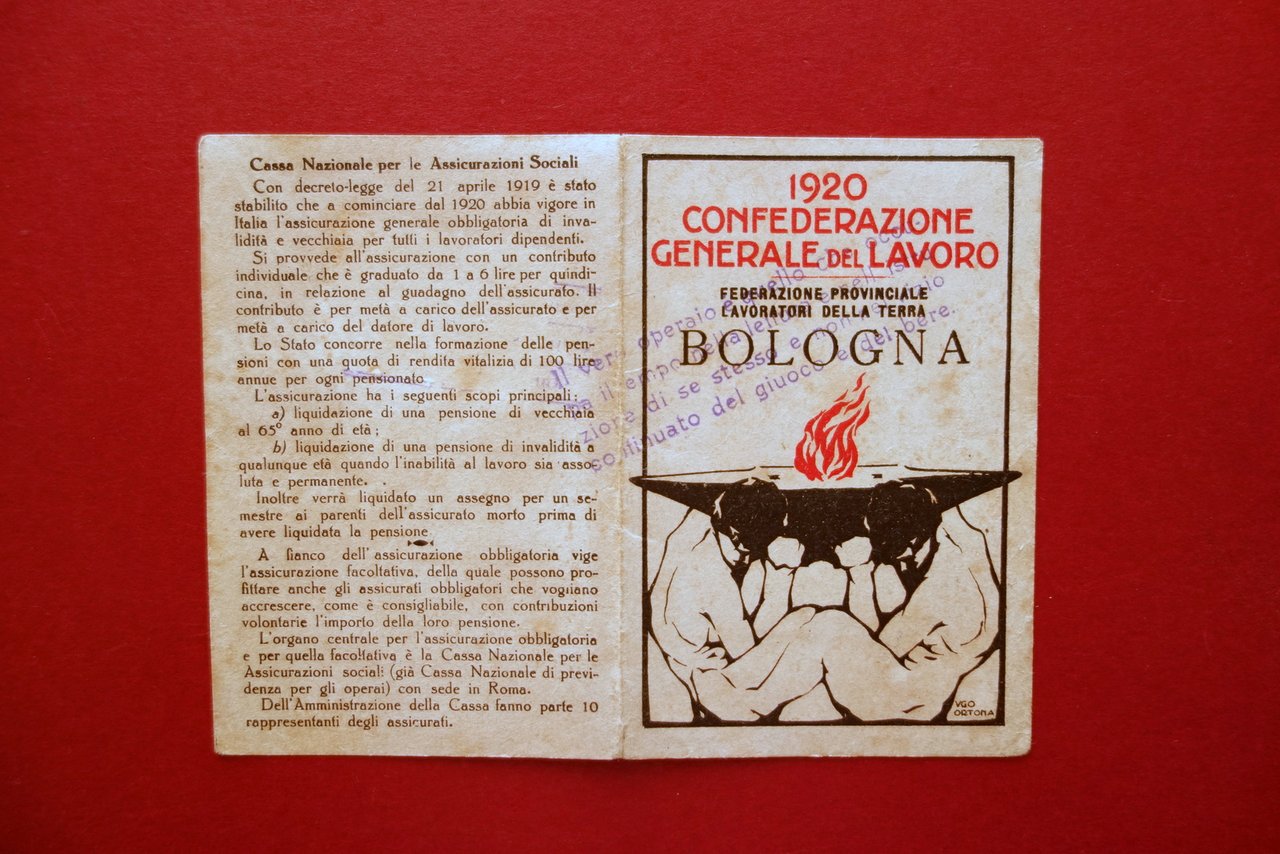 Tessera Confederazione Generale del Lavoro Bologna 1920 Vado Bologna Ortona …