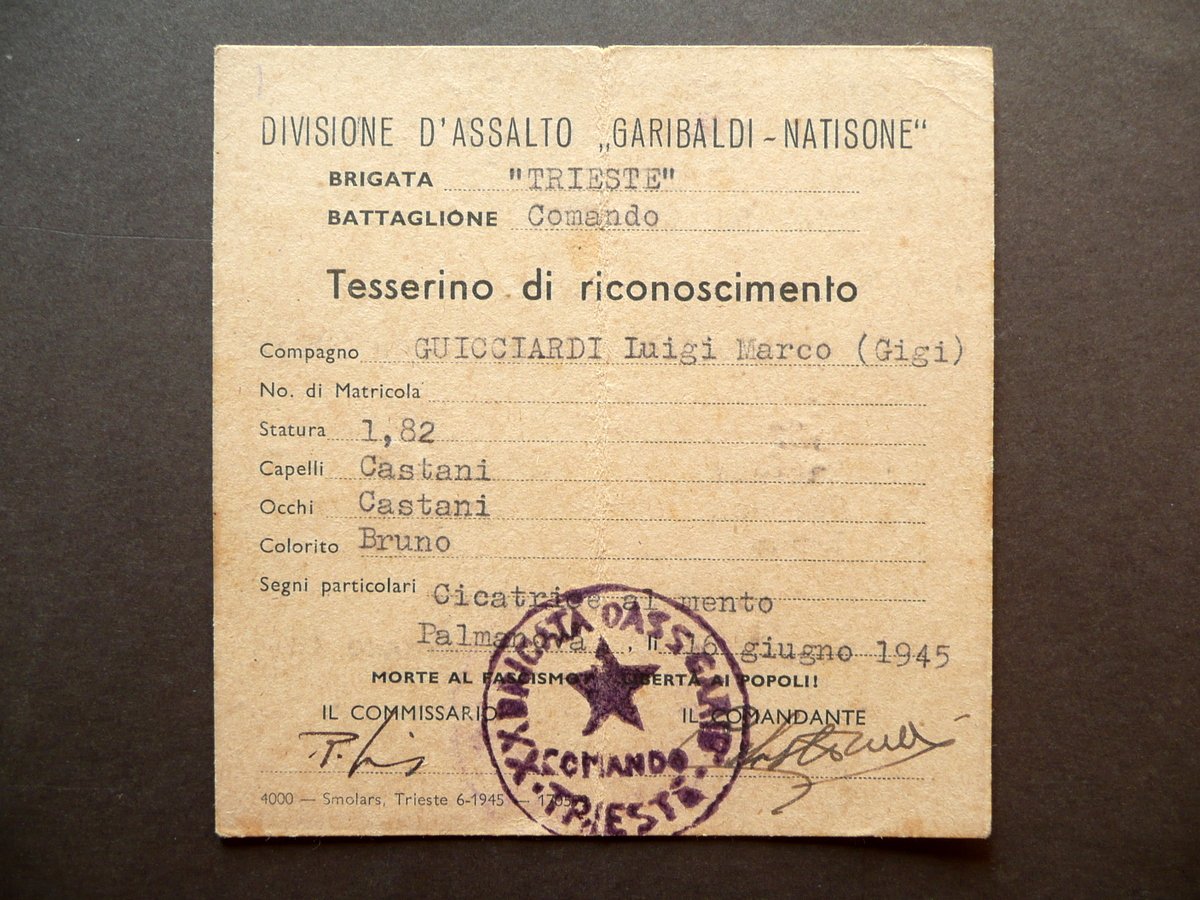 Tessera Divisione d'Assalto Garibaldi Natisone Brigata Trieste Comando 1945 WW2