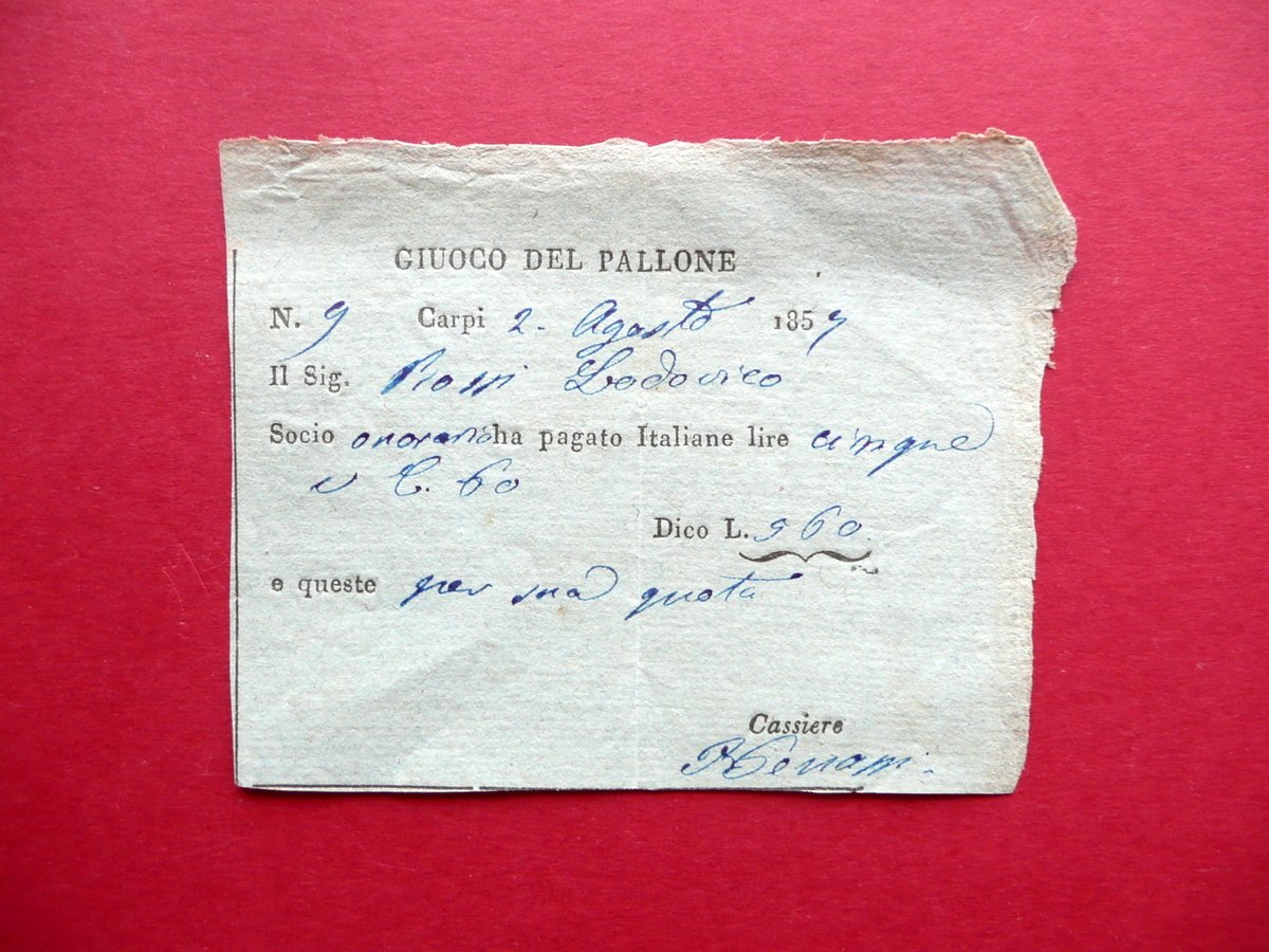 Tessera Giuoco del Pallone Socio Onorario Carpi Modena 1857 Rara …