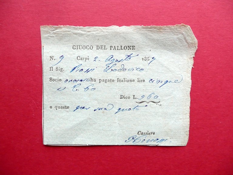 Tessera Giuoco del Pallone Socio Onorario Carpi Modena 1857 Rara Sport