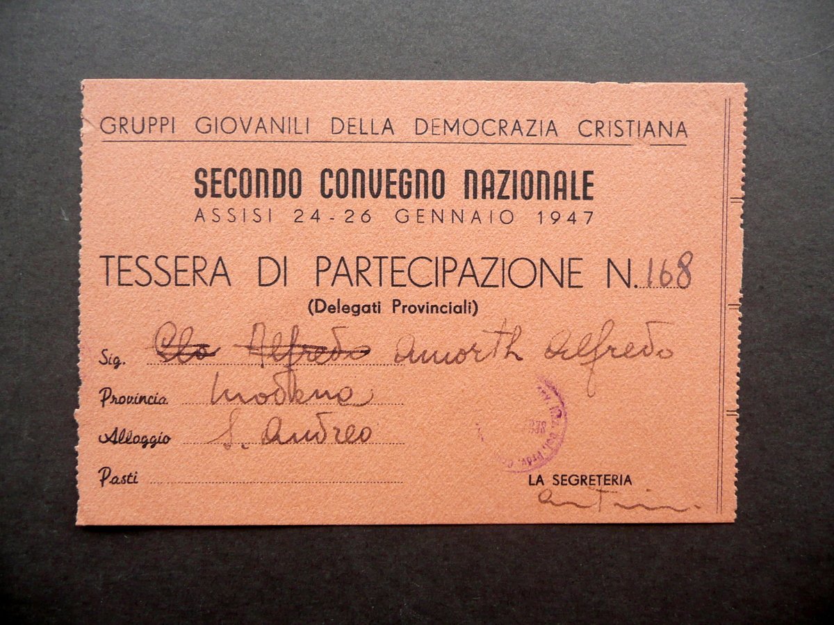 Tessera Gruppi Giovanili Democrazia Cristiana 2∞ Convegno Nazionale Assisi 1947 | Immagine principale