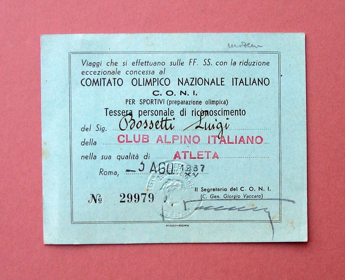 Tessera riduzione ferroviaria Comitato Olimpico Naz It 1937 CAI atleta …