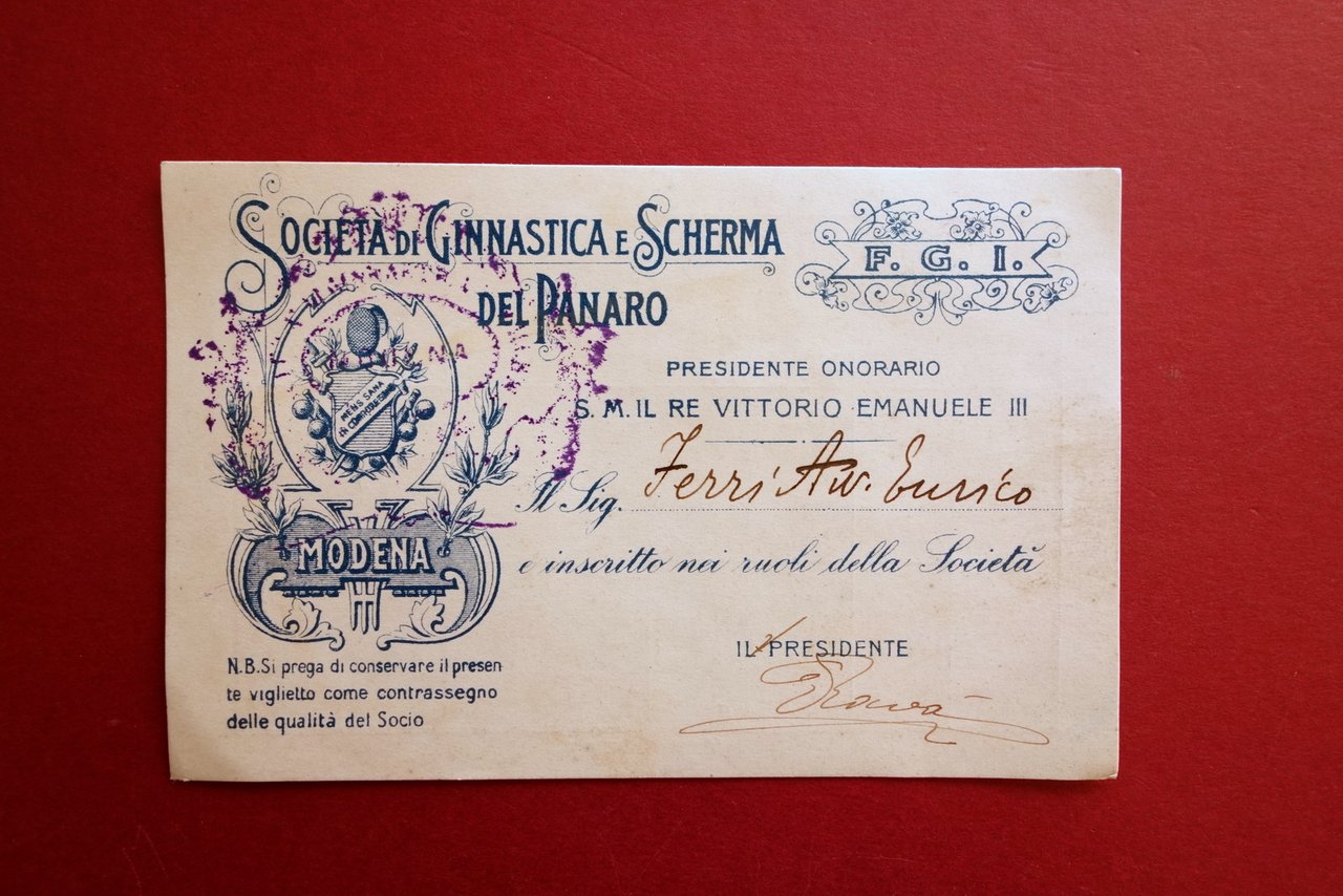 Tessera Societ‡ Ginnastica e Scherma Panaro Modena Enrico Ferri 1925