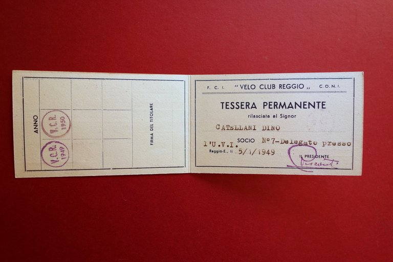 Tessera Velo Club Reggio Emilia CONI 1949 Sport