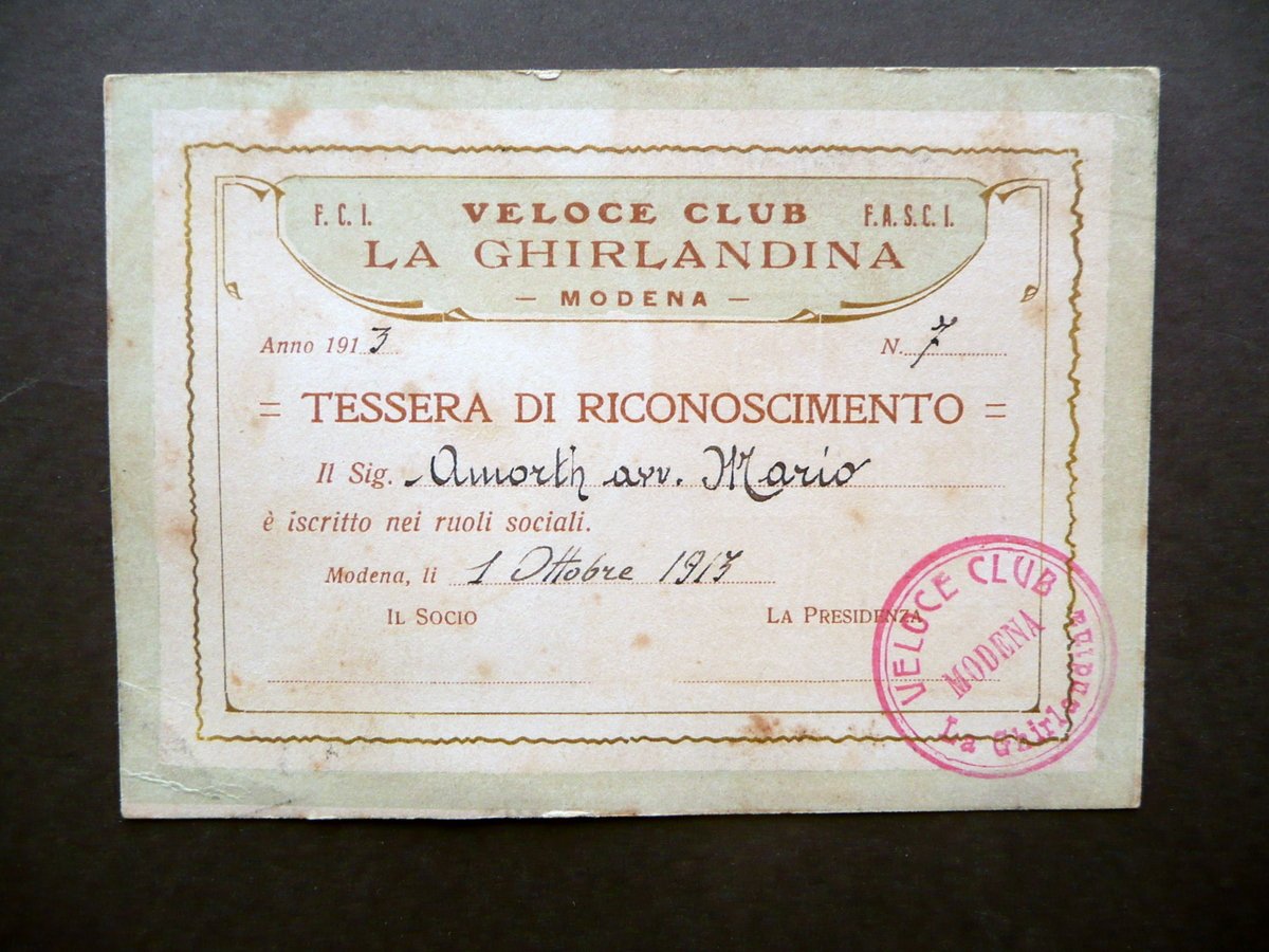 Tessera Veloce Club La Ghirlandina Modena 1913 Timbro Fotografia