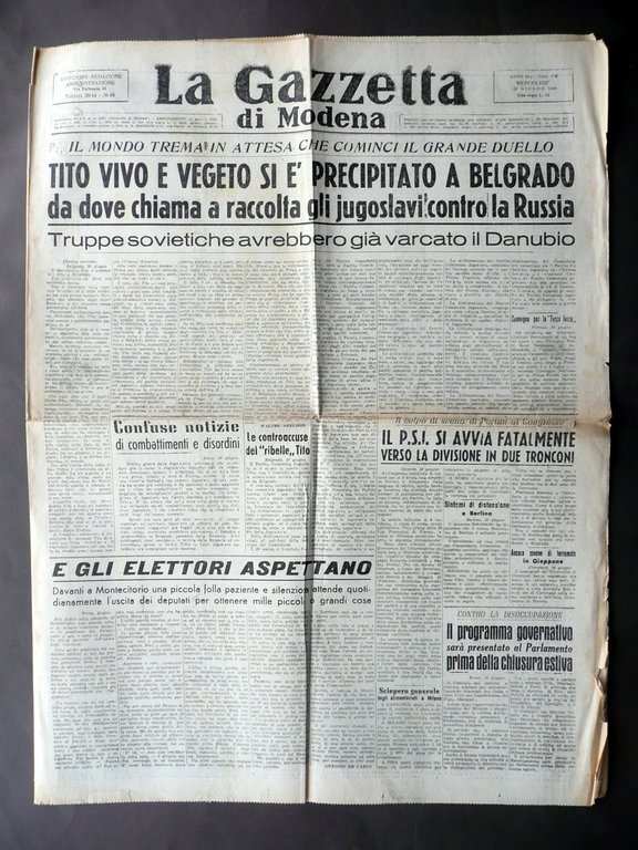Tito Vivo e Vegeto a Belgrado Jugoslavia Russia Gazzetta di Modena 30/6/1948
