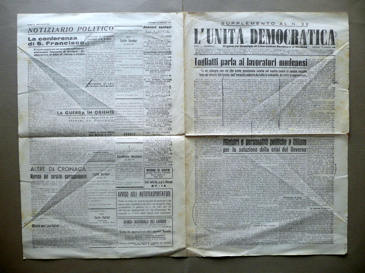 Togliatti ai Lavoratori Modenesi L'Unit‡ Democratica Supplemento N. 22 18/5/1945 | Immagine principale