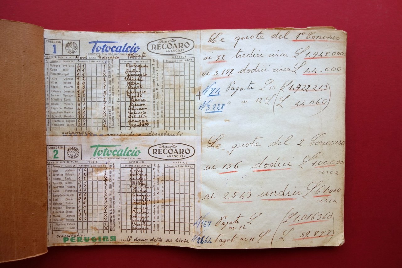 Totocalcio Concorso 1952-53 38 Schedine dal 14/9/1952 al 31/5/1953 Vincite …