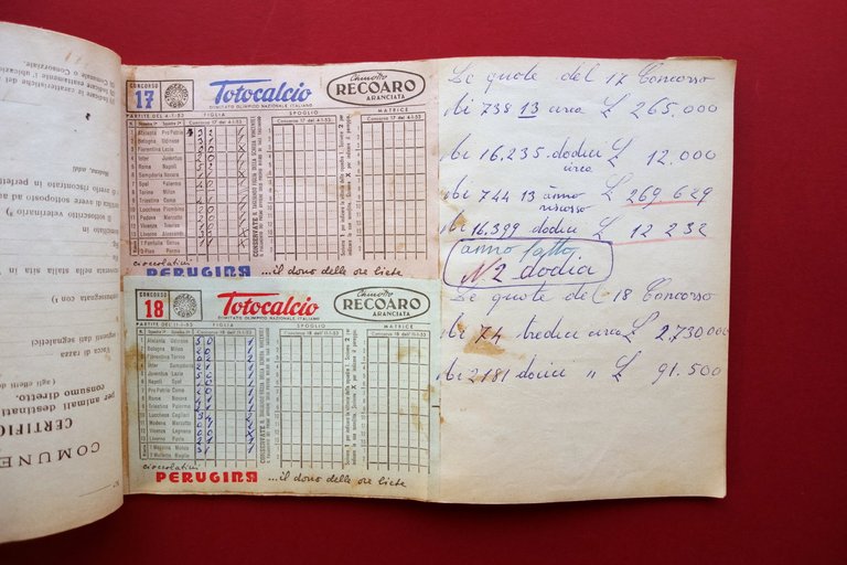 Totocalcio Concorso 1952-53 38 Schedine dal 14/9/1952 al 31/5/1953 Vincite …